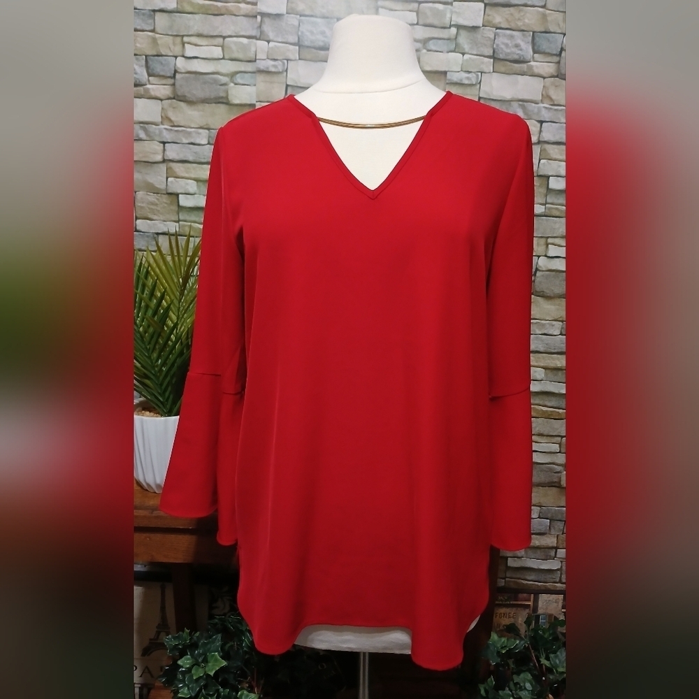 Calvin Klein Red Blouse Bell Sleeves